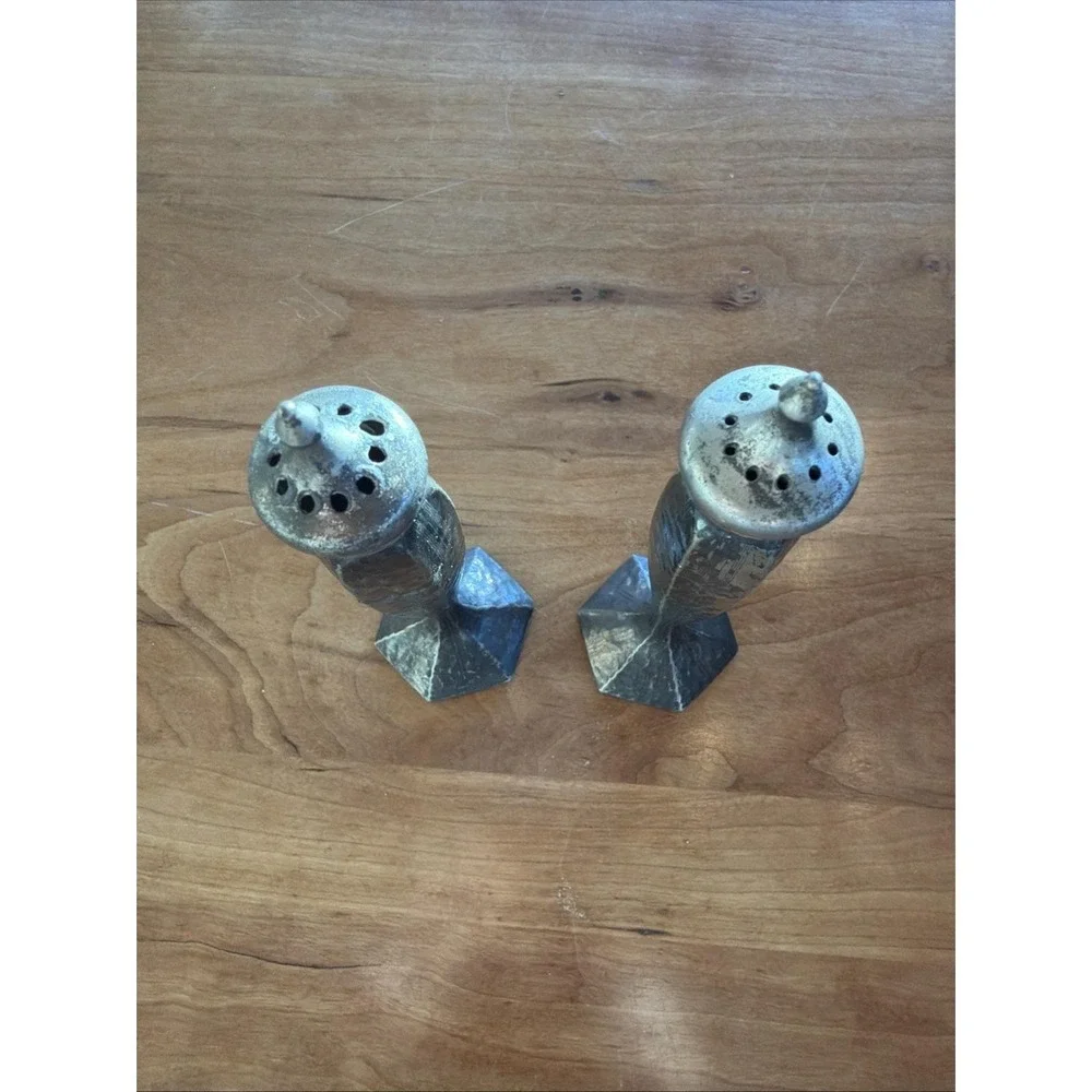 1926 Arts and Crafts Hand Hammered Metal Salt Pepper Shakers Studio Made Stamped